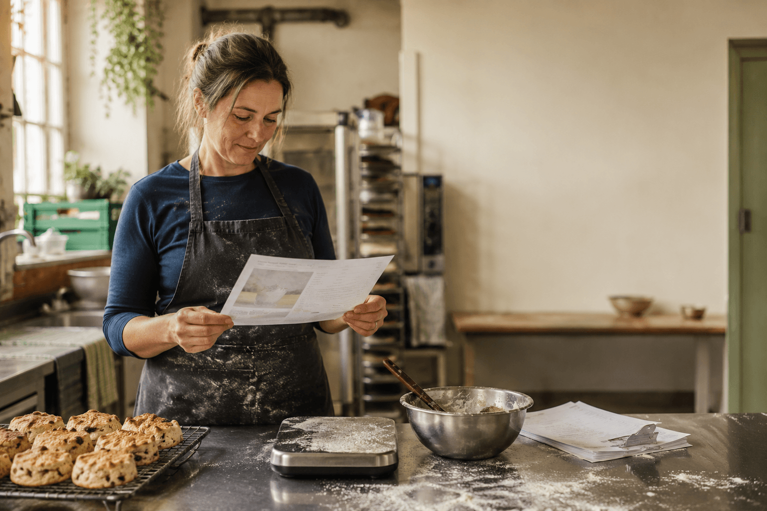 A baker reading a printed ZRecipe kitchen card at a bakery prep bench